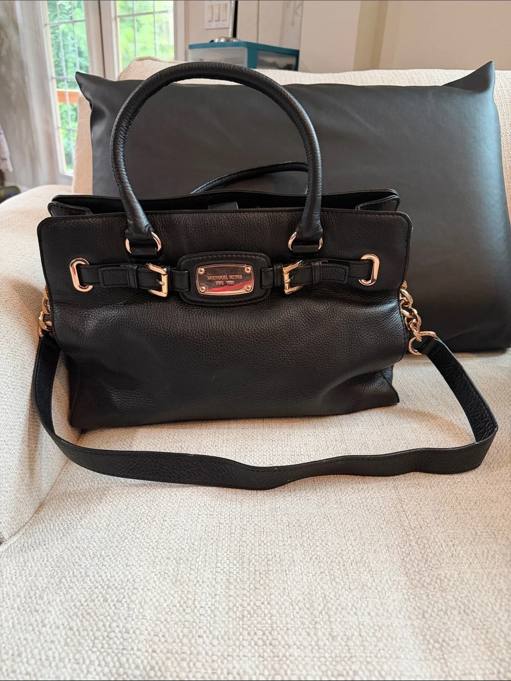 Michael Kors Black Pebbled Leather Satchel with Rose Gold Tone Plaque